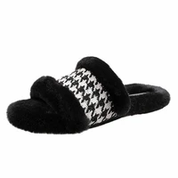 womens slipper 2021 autumn and winter flat thick bottomed womens furry houndstooth indoor slipper plush open toe flip flops