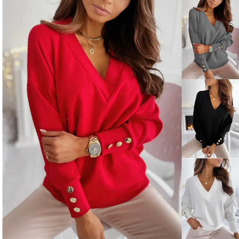 

Autumn Lady Winter New Fashion Knitwear Women V Neck Long Sleeve Casual Streetwear Solid Button Knitted Pullover Sweaters Jumper