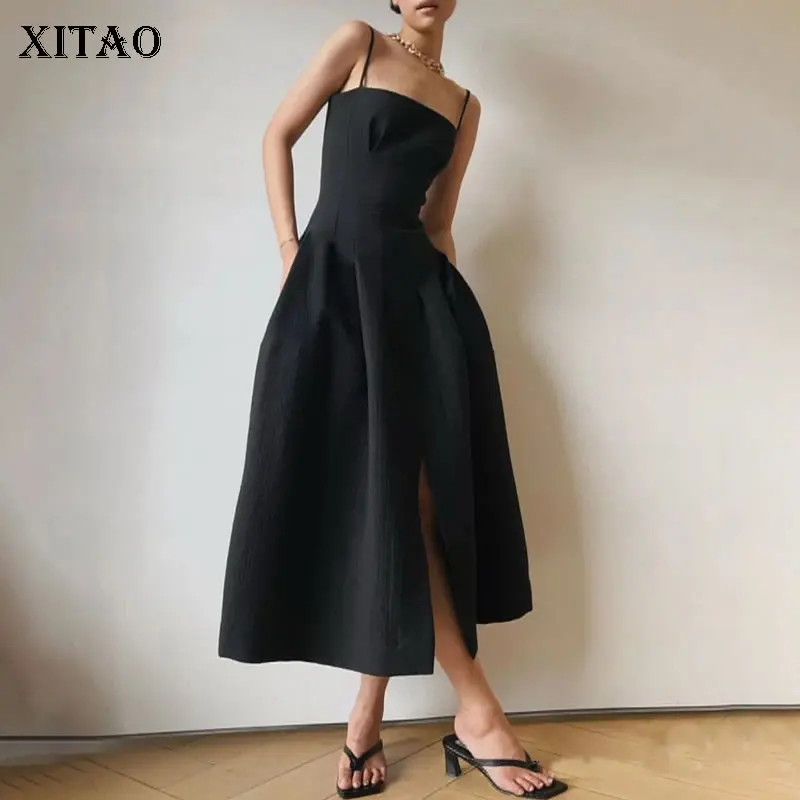 

XITAO однотонное черное платье на бретельках, вечернее платье без бретелек со складками, свободное платье с разрезом на талии, модное простое ...
