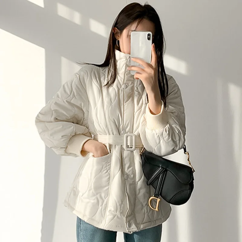 

2021 Winter Thickened Minimalist Stand Collar Long-sleeved Women Jackets Solid Color Cotton Padded Clothes With Belt