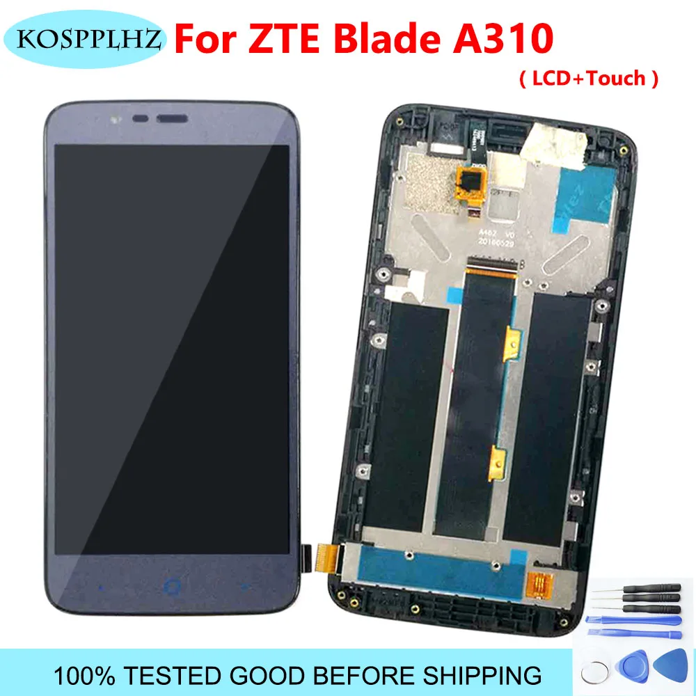 

100% Tested For ZTE Blade A310 A 310 LCD Display Screen With Touch Digitizer Assembly + frame 5.0 Inch Replacement + Tools&Tape