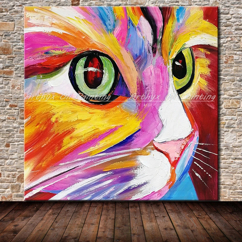 

Arthyx Hand Painted Abstract Knife Cat Oil Painting On Canvas For Living Room Home Decoration Modern Animal Pop Art Wall Picture