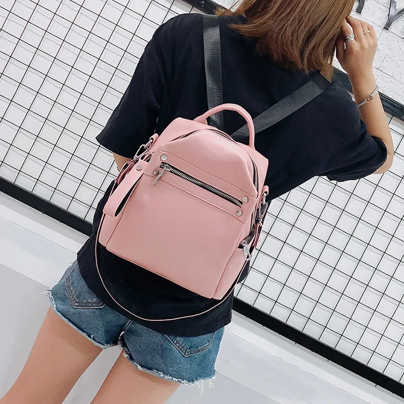 

2021 New Arrivals Women PU Leather Backpack Pink Solid Color Comfortable Shoulder Strap Design Street Trend Style Girl's Bag