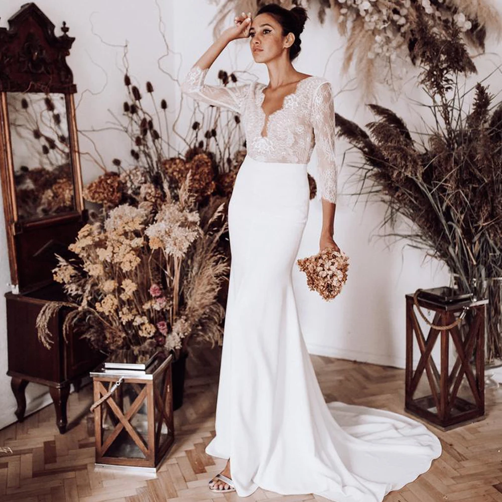 

Свадебные платья-русалки в стиле бохо, платья невесты с высоким разрезом, кружевное атласное шифоновое сексуальное платье с V-образным выре...