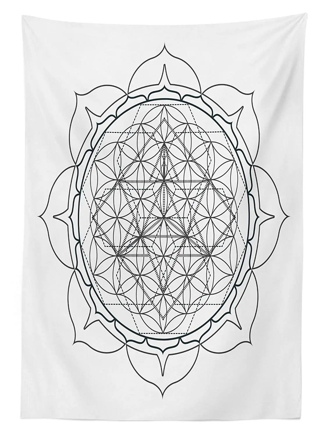 Праздничная скатерть в стиле мандалы с цветком жизни монохромная лотоса