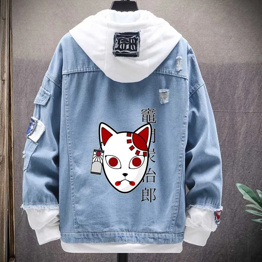 

Tanjiro камадо кошка маска демон убийца джинсовая куртка с принтом мужские свободные джинсы хараюку куртки на весну в стиле «хип-хоп» с рисунко...