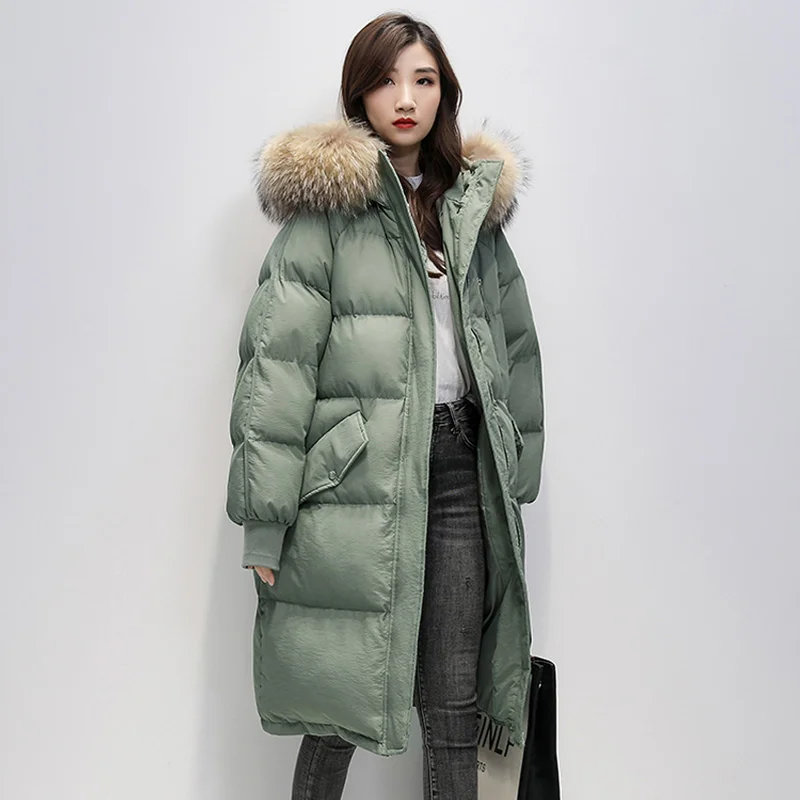 

2020 White Duck Down Coat Large Real Raccoon Fur Hooded Overcoat Female Long Parkas Women's Down Jacket Snow Outerwear