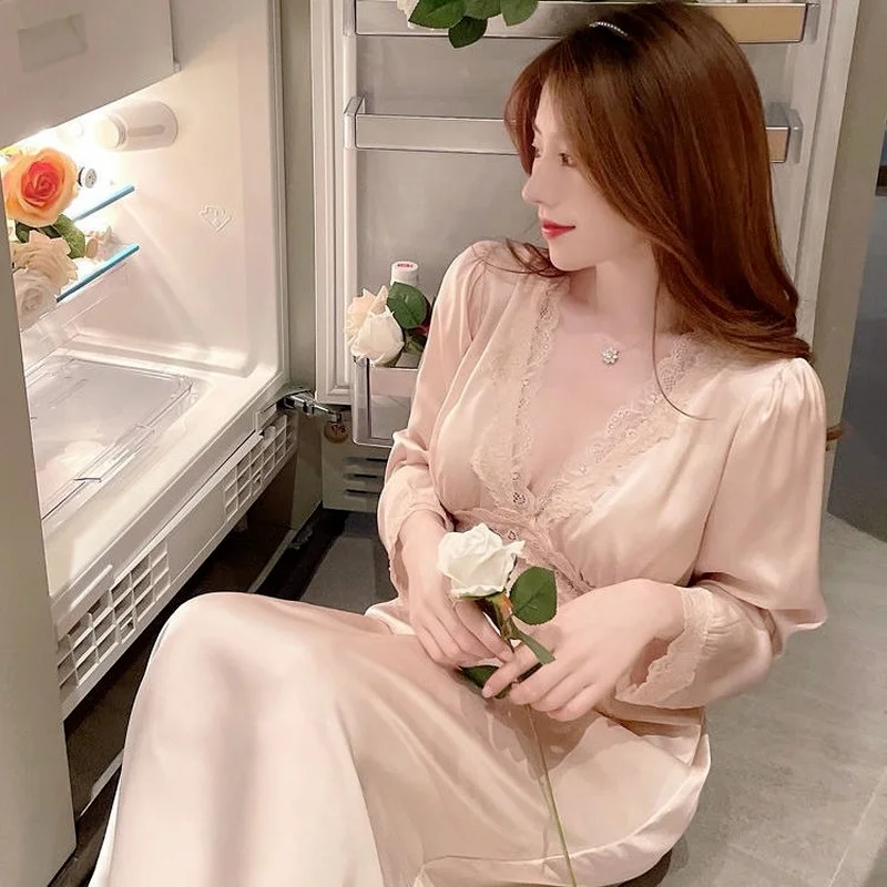 QWEEK Night Dress Women Sleepwear Pink White Solid Color Nightgowns V Neck Lace Sexy Sleep Dress Sleepshirts Knee Length Autumn