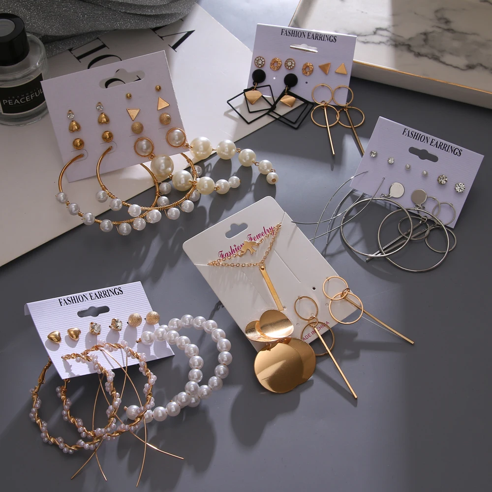 

Fashion Women's Mixed Geometric Earrings Set Vintage Pearl Alloy Drop Earrings Brincos Female Jewelry Wholesale