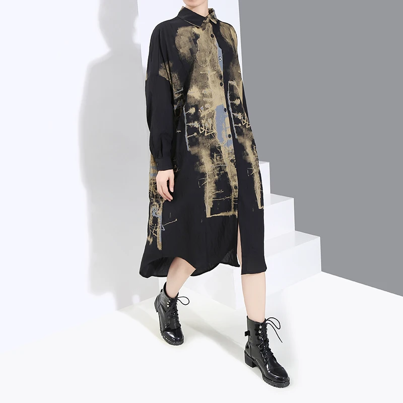 Женский в Корейском стиле повседневное винтажное черное платье-рубашка с