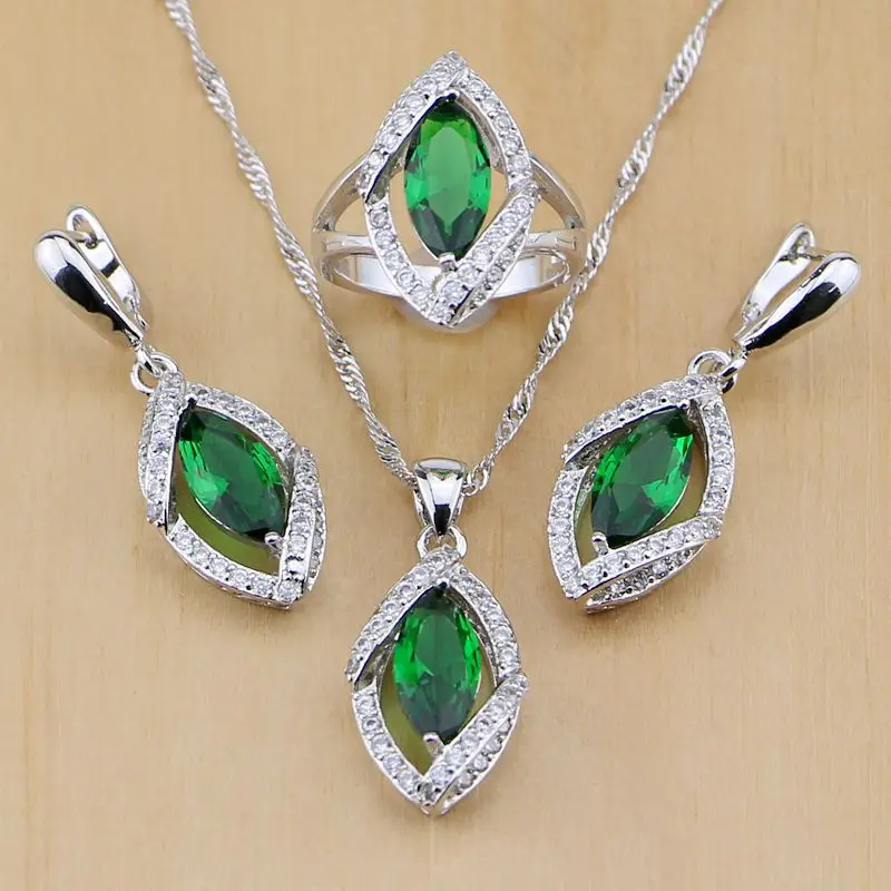 925 серебряные ювелирные изделия зеленые камни белый кубический цирконий