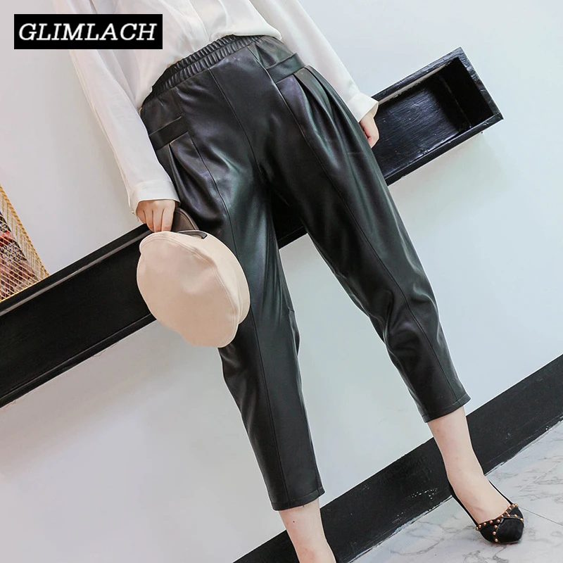 Genuine Leather Loose Harem Pants Real Leather Women Fashion Black Sheepskin Ladies Ankle Length Trousers Female Casual Clothes