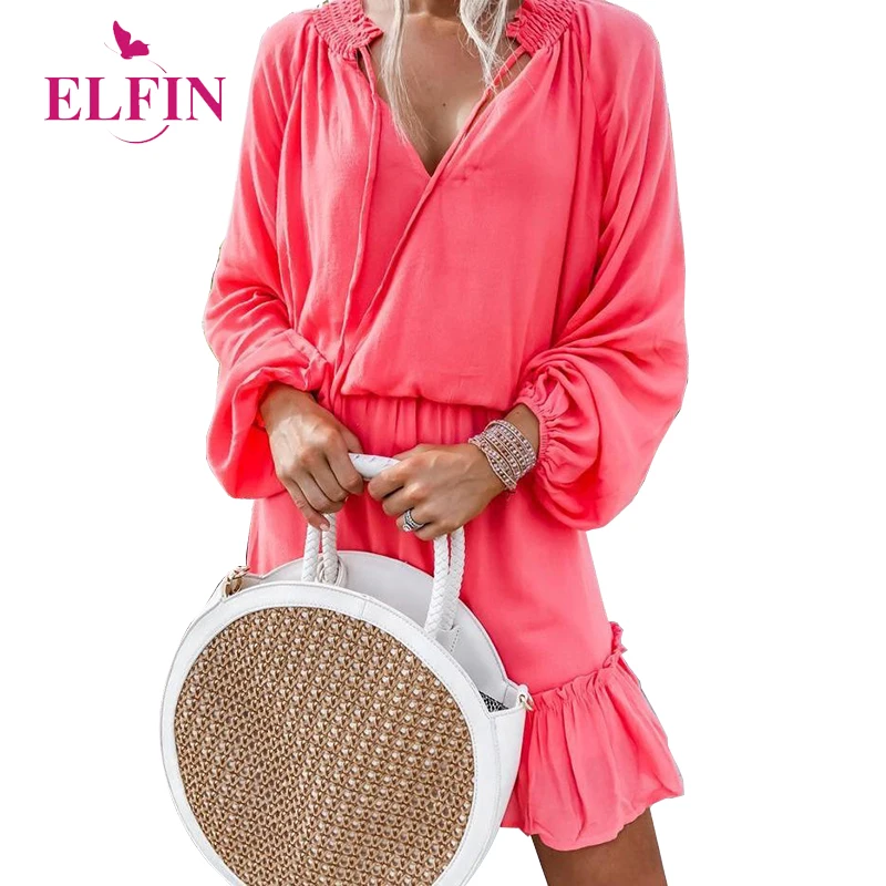 

V-neck Autumn Long Sleeve Dress Casual Ruffles Women Party Robe Bohemian Solid SJ3958R