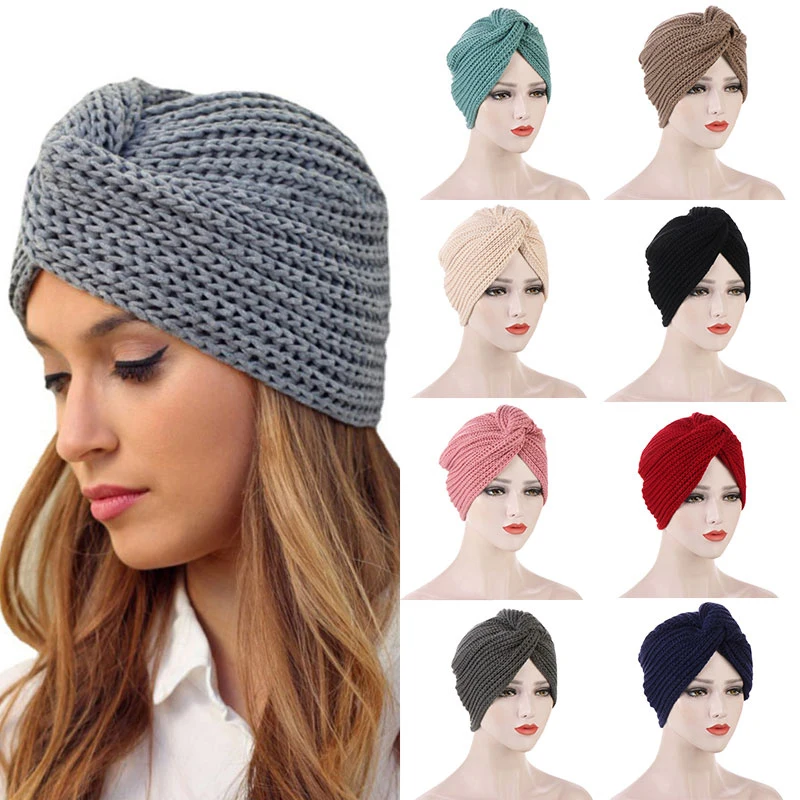 

2021 Women New Bandanas Turban Winter Knit Turban Cap Center Cross Hair Scarfs Boho Knotted Warm Headband Muslim Hat