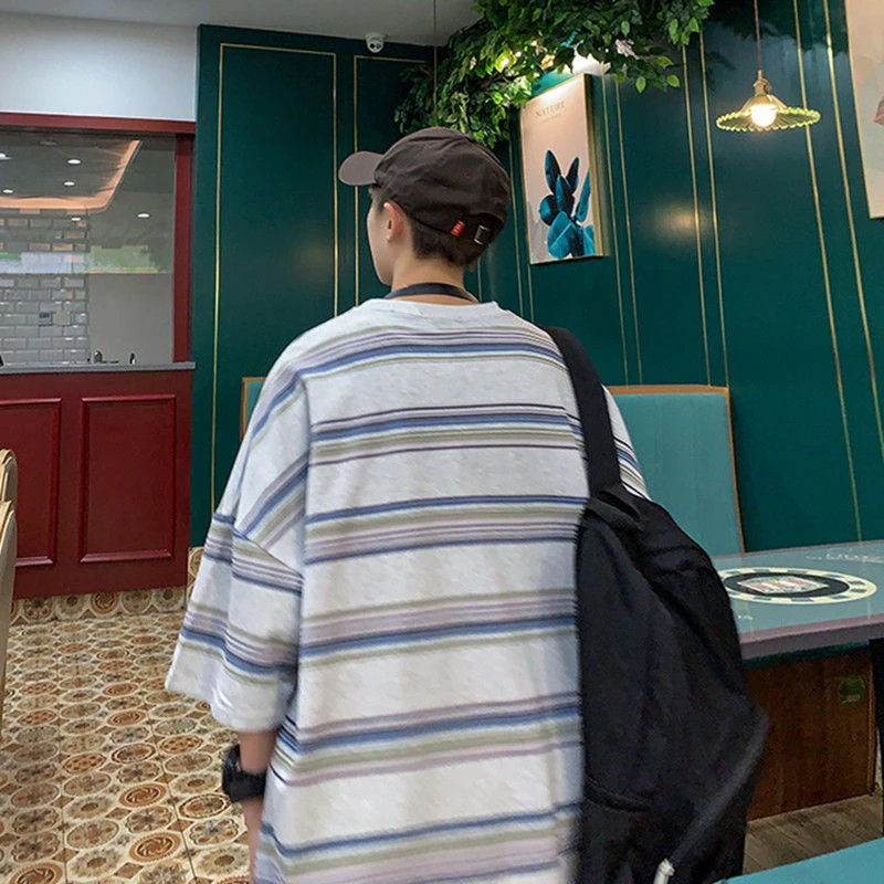 Футболка мужская с коротким рукавом свободная брендовая тенниска в полоску