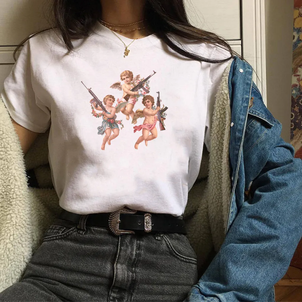 Для женщин ангельским рисунком футболка короткий рукав свободные хлопковые
