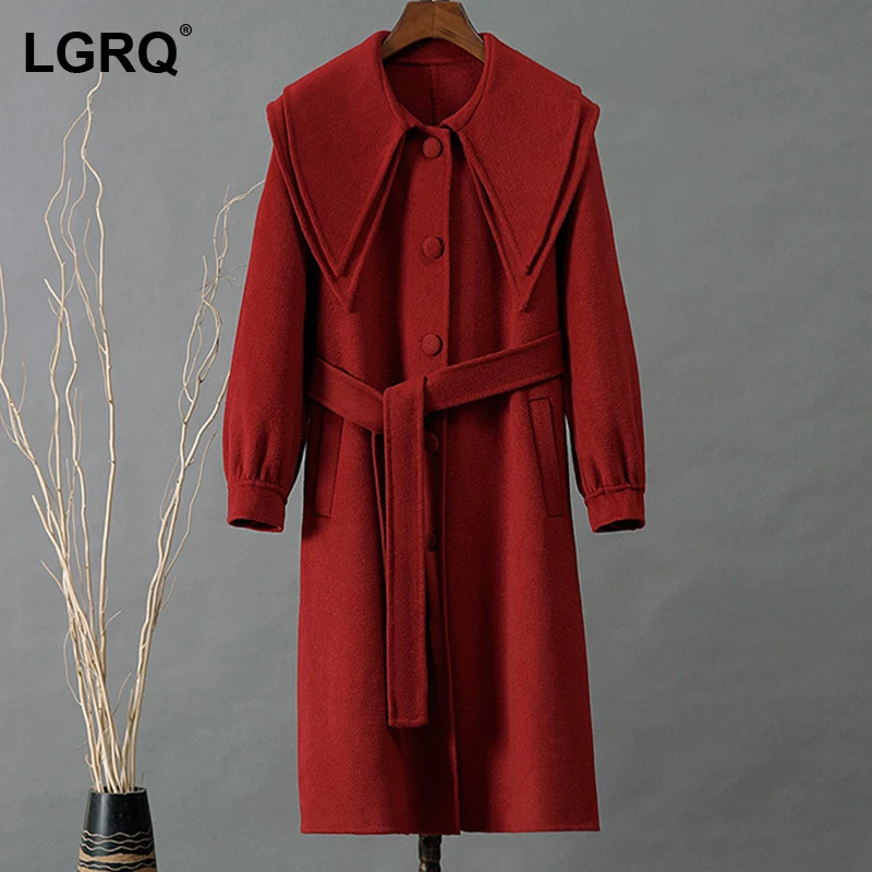 

[LGRQ] Loose Belt Sling Breasted Woolen Coat Parkas New Long Sleeve Thicken Women's Fashion Tide Autumn Winter 2021 19D5135