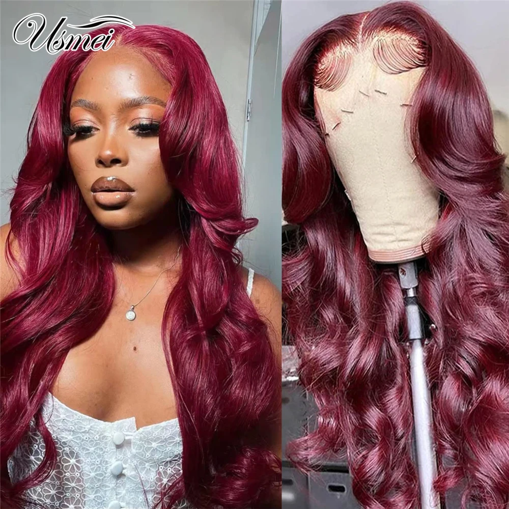 

Usmei Burgundy Synthetic Lace Front Wigs Body Wave HD Lace Frontal Wigs for Black Women Pre Plucked Bleached Knots 150% Density