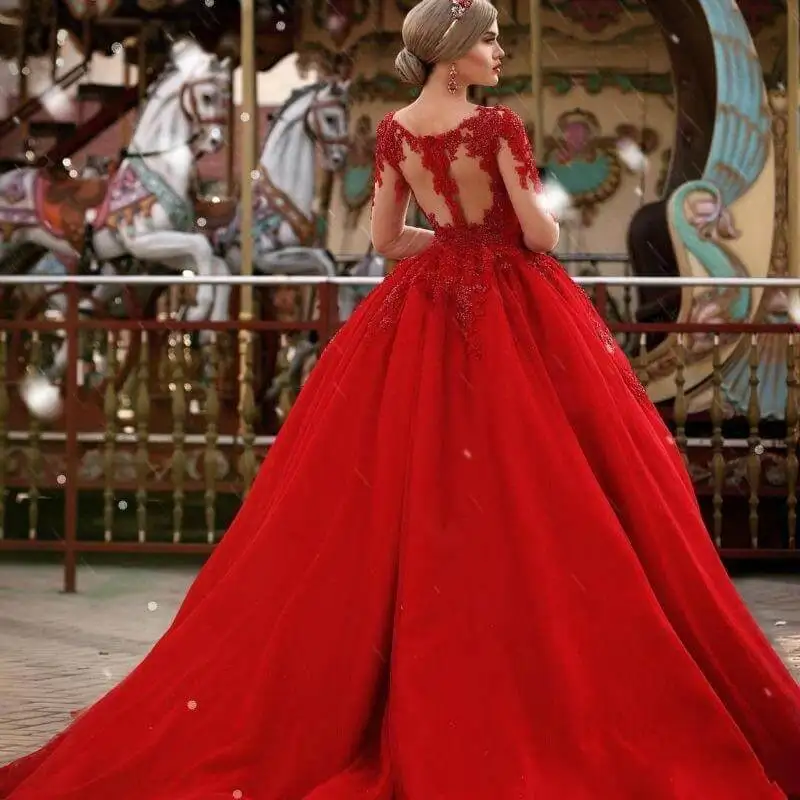 Женское свадебное платье с длинным рукавом красное ТРАПЕЦИЕВИДНОЕ ПЛАТЬЕ