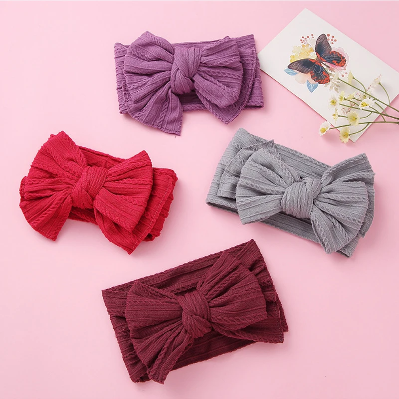 

Solid Color Jacquard Nylon Headband for Baby Girl Hair Band Knitted Double Bowknot Elastic Headband Children Hairband Kid Turban