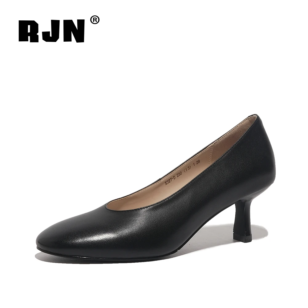 

RJN Elegant Office Ladies Pumps Comfortable Round Toe 5cm Mid Height Thin Heel Women Shoes High Quality Cow Leather Pumps RO303