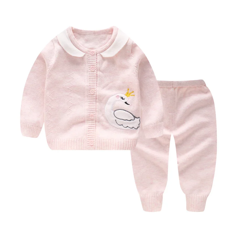 9143 pink swan Комплект из 2 предметов, Детский кардиган, Детский свитер, комплект, маленький Хлопковый вязаный свитер, пуловер свитер для мальчиков+ штаны, костюм комплект одежды для новорожденных - Цвет: 9143 pink swan
