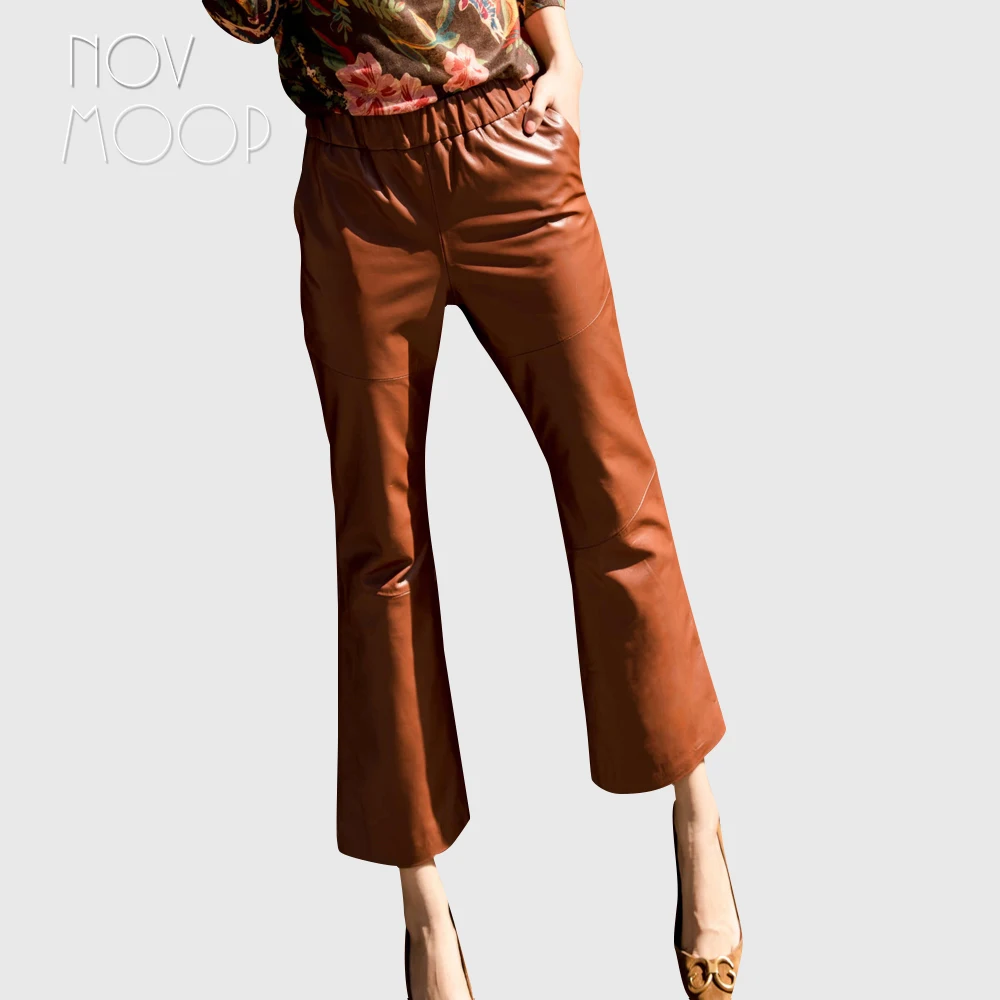 

Novmoop Korean fashion caramel color trousers women sheepskin genuine leather flare pants pantalon femme calça feminina LT2913