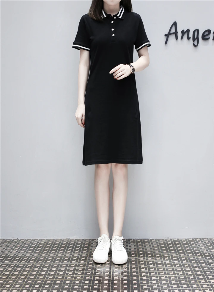 black MinuoYi, женское платье-Футболка Поло, Полосатое платье с коротким рукавом, Летние Элегантные платья, женские повседневные Длинные свободные топы в консервативном стиле - Цвет: black