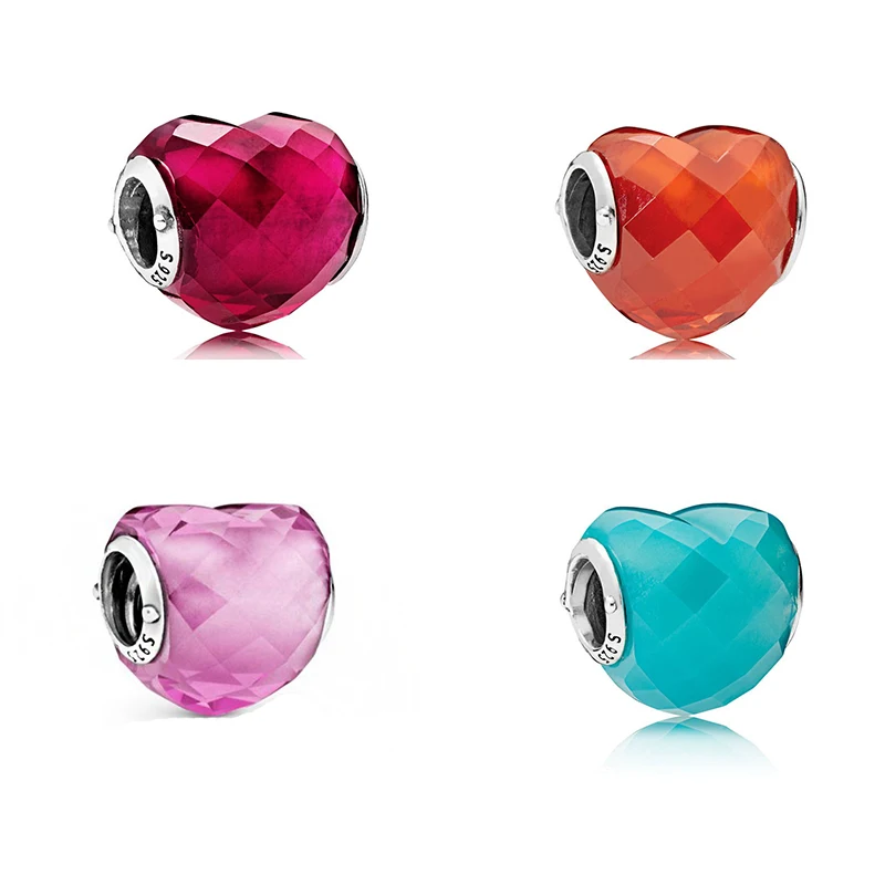 

2020 New High-quality Sterling Silver 925 Teal Faceted Heart Pink Shape Of Love Charm diy Original Woman Jewelry Gift