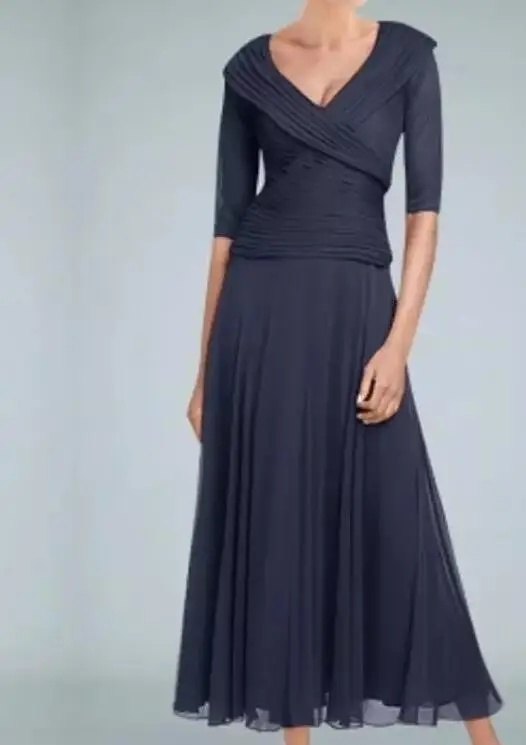 

Elegant vestido novia Chiffon simple Wedding Guest evening Party Gown 2018 v-neck Navy Blue Chiffon Mother Of The Bride Dresses