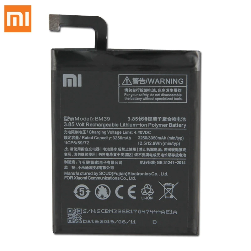 Сменный аккумулятор XIAO mi BM39 для Xiaomi mi 6 mi 6 MCE16, Оригинальные аккумуляторы для телефонов 3350 мАч