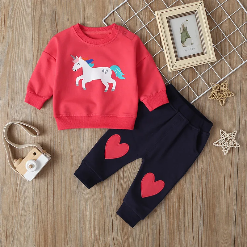 

2020 Baby Suit Toddler Cute Cartoon Round Neck Sweater Two-piece Boy Girl Sweatshirt Pants Suit Kids Autumn