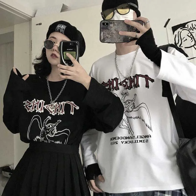 NiceMix весна корейский осень ulzzang Харадзюку улица хип-хоп Темный Ретро Ангел печать футболка ins модная свободная повседневная женская