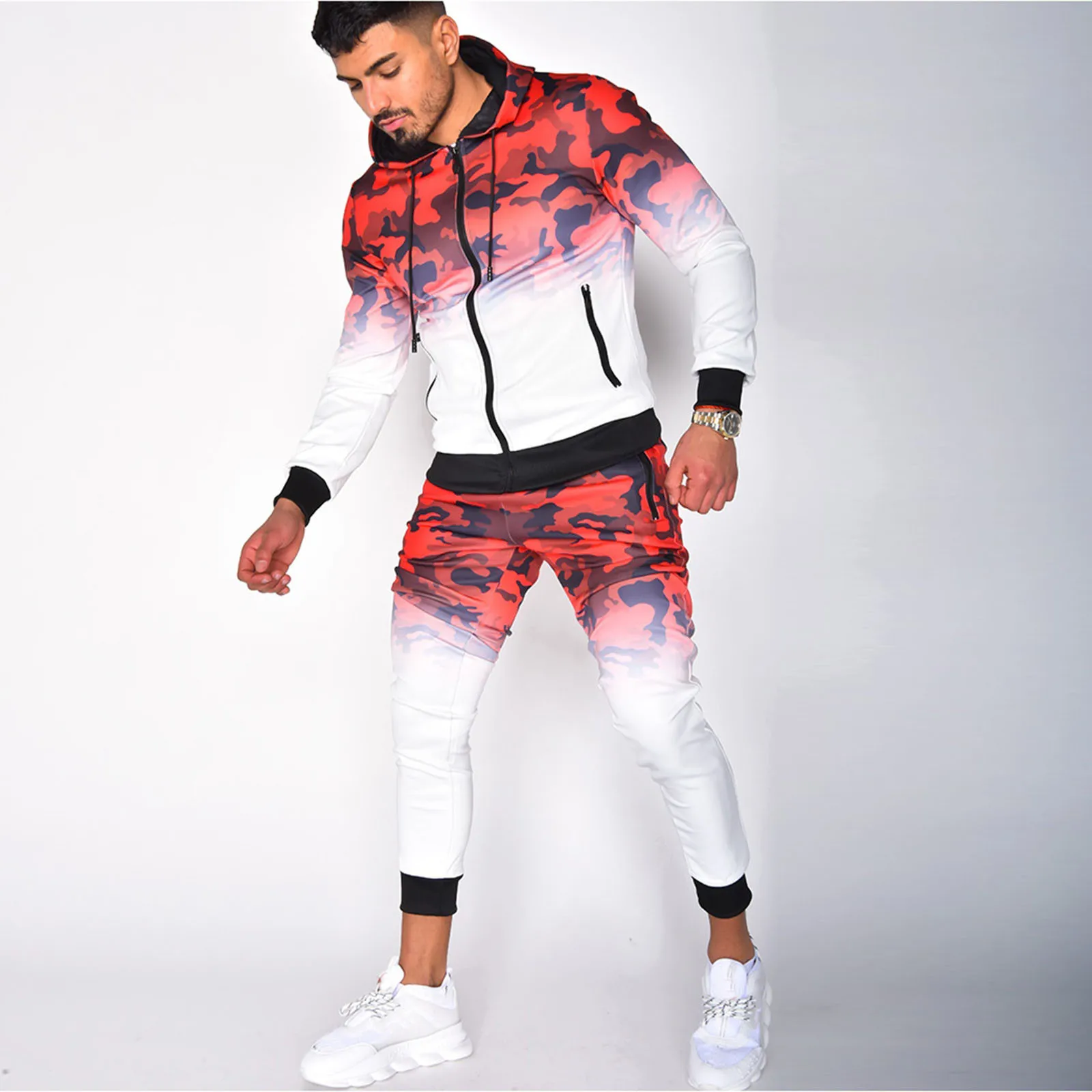 

2Pcs/Set Men's Sportswear Suit Autumn Winter Pocket Hooded Camouflage Sweatshirt Top + Pants Sports Suit Tracksuit Male Clothing