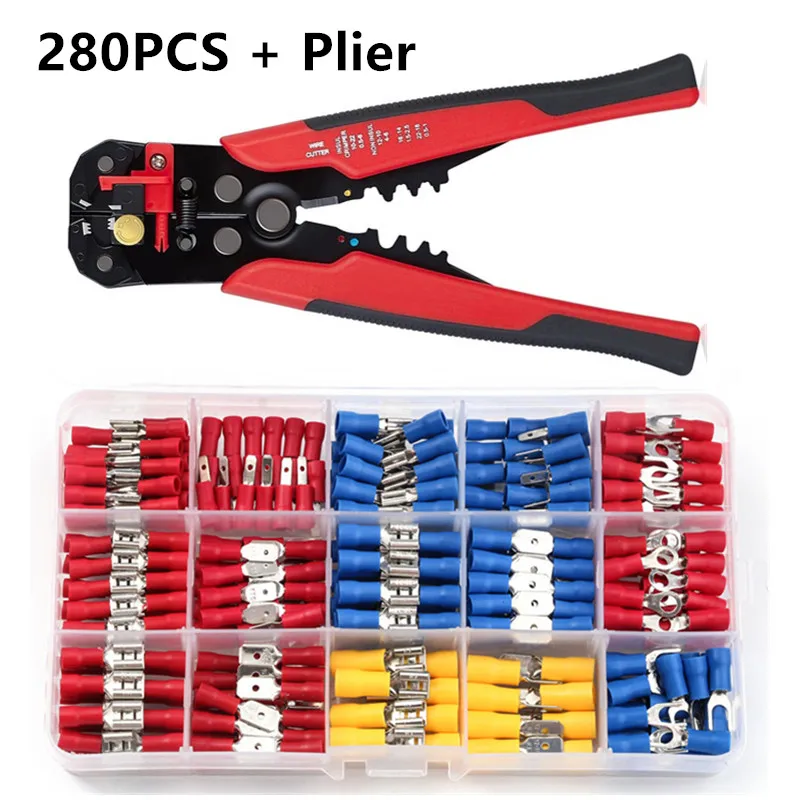 

280Pcs Spade Terminals Insulated Cable Connector Assorted Electrical Wire Assorted Crimp Butt Ring Fork Set Ring Lugs + Plier