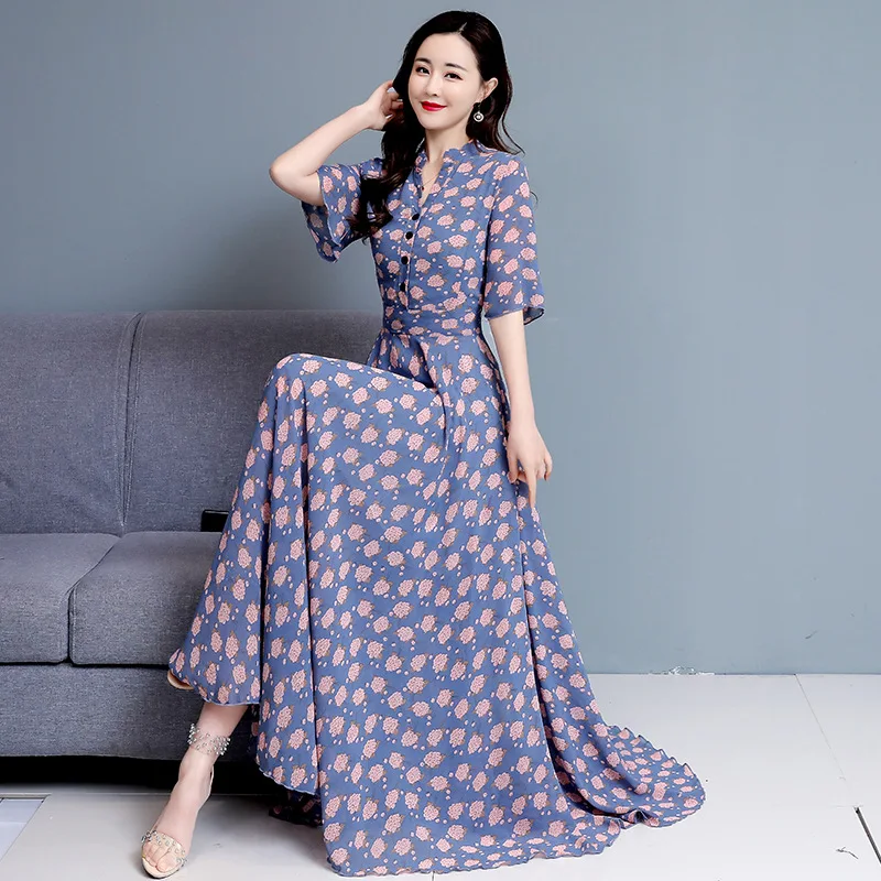 

2021 Summer women's new Korean fashion trend shredded floral chiffon flying sleeves waist beach big long dress