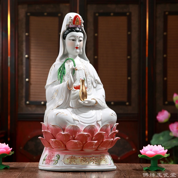 Сидящая на лотосе Авалокитешвара с изображением Будды и Гуаньинь керамика мир
