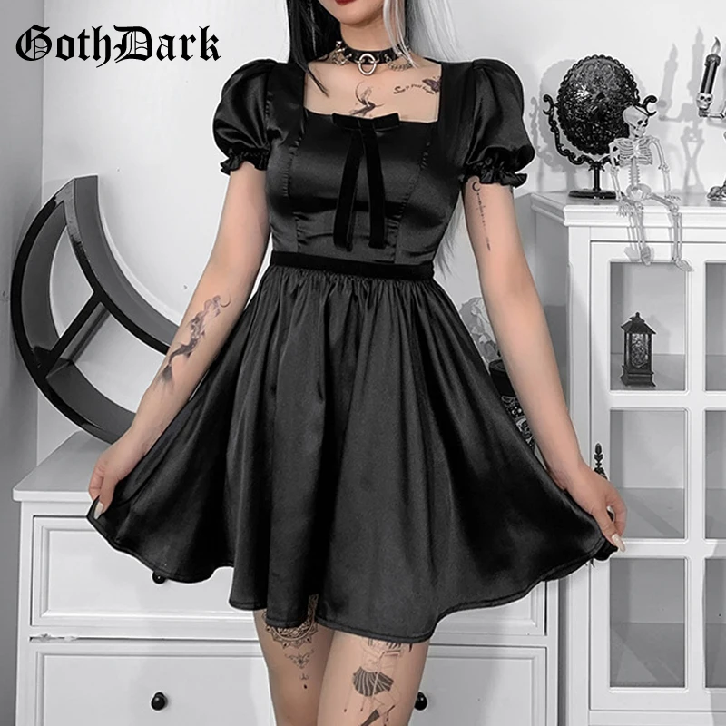 

Goth Dark Satin Mall Gothic Women Casual Black Dresses Grunge Solid Slim A-line Evening Partywear Square Neck Puff Sleeve Dress