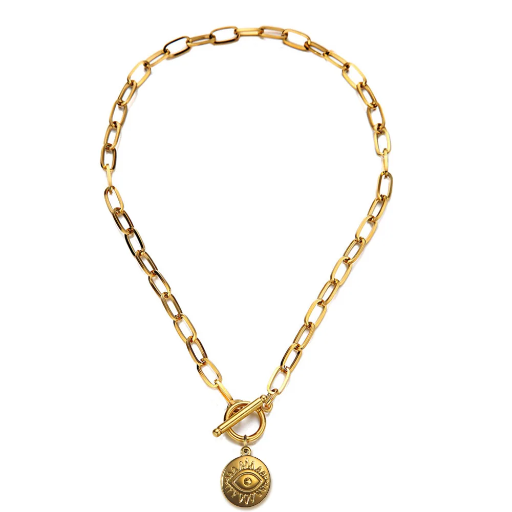 

Stainless Steel Necklace For Women Evil Eye Pendant Long Choker Square Thick Chain One Word Buckle Trend Charm Jewely