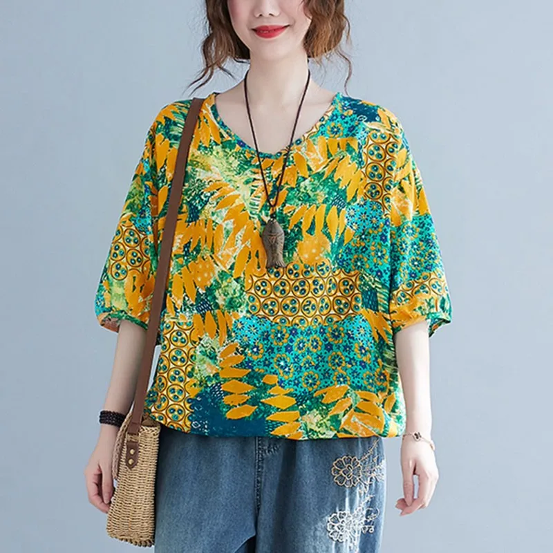 

Women Cotton Linen Casual T-shirts New 2021 Summer Indie Folk Style Vintage V-neck Floral Print Loose Female Tops Tees S3672