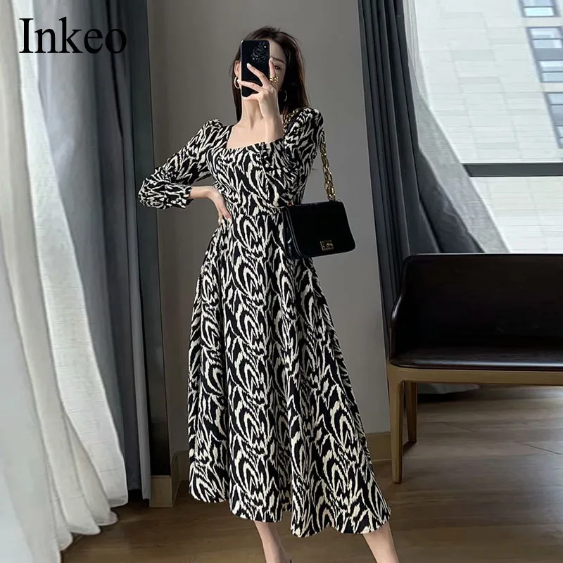 

Women Long Sleeve Dress Vintage Animal Printed Dresses 2021 Spring Casual Square Collar Robe Bohemian Vestidos Femme INKEO ID002