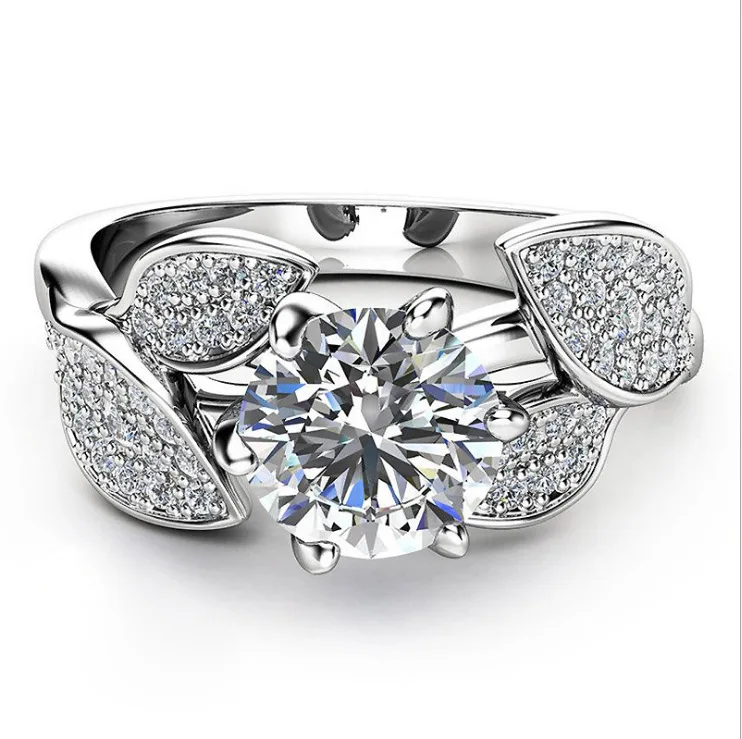 

New Style Romantic Women Six Claw Crystal Tree Leaf Finger Wedding Rings for Women Silver Plated AAA Zircon Ring Party Jewelry