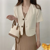 qoerlin cotton linen blazer fresh deep v neck cotton linen casual jacket women 2021 korean two buttons short sleeve suit jacket