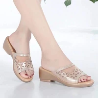 womens low wedges heels slippers mesh summer crystal mules talons feminino ladies flower chaussure luxury slides beach shoes