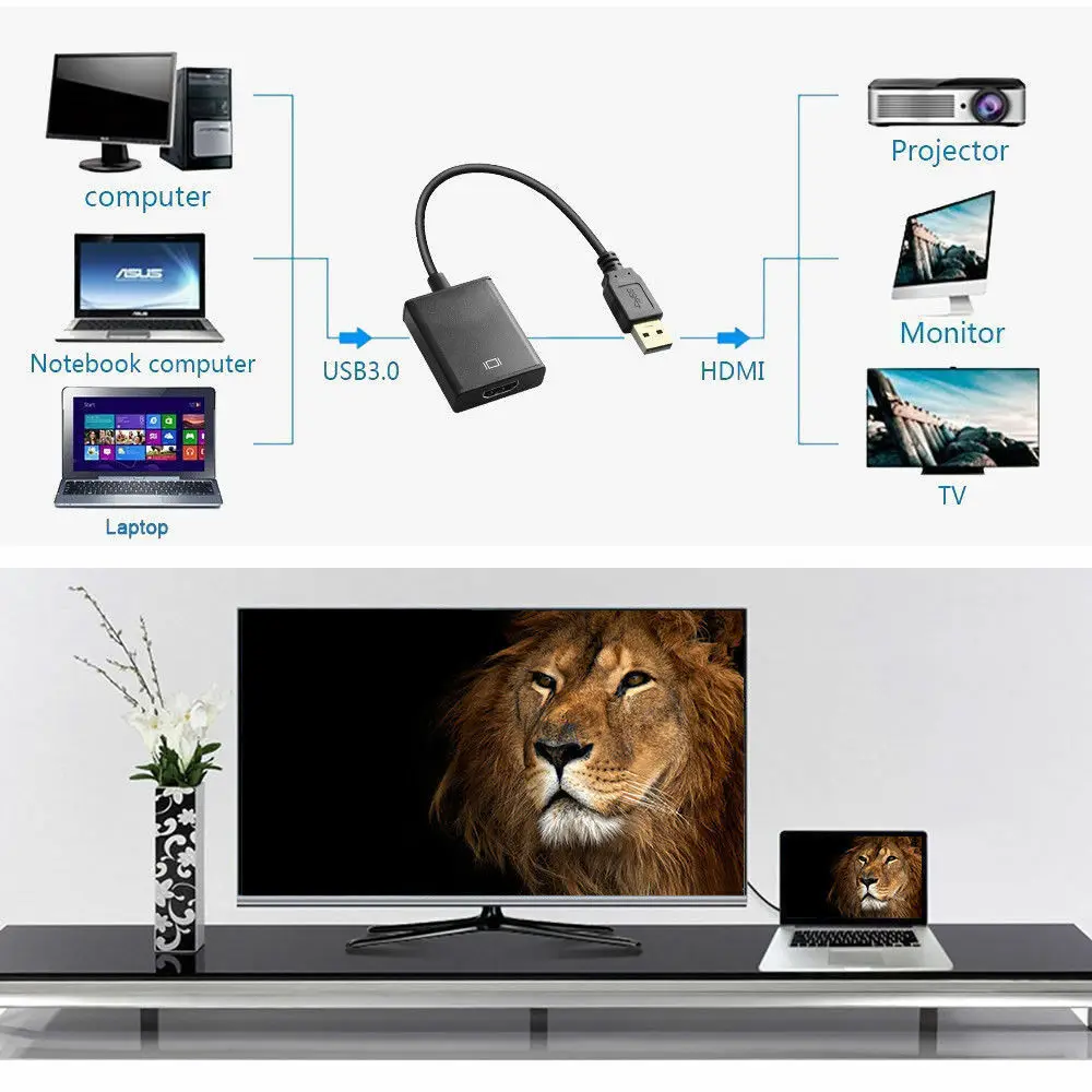 Кабель переходник с USB 3 0 на HDMI аудио и видео для Windows XP/7/8/10 PC 1080P|Компьютерные