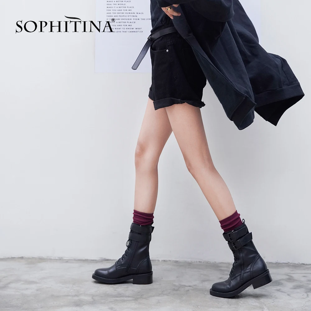 SOPHITINA/рабочие ботинки; удобная женская обувь на квадратном каблуке; модная красивая обувь из коровьей кожи высокого качества; ботильоны с круглым носком; MO302