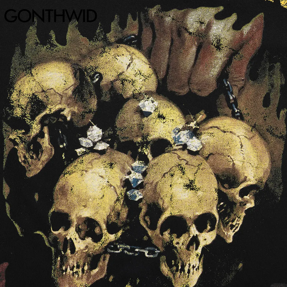 

GONTHWID Tees Shirts Hip Hop Skulls Punk Rock Gothic Tshirts Streetwear Mens Hipster Harajuku Short Sleeve Casual Cotton Tops
