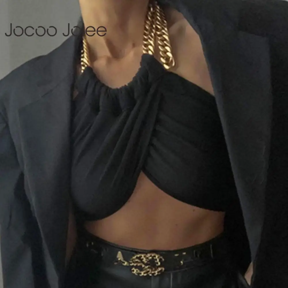 

Jocoo Jolee Women Summer Metal Halter Backless Sexy Slim Navel Tank Top Hollow Solid Bandage Party Club Camis Streetwear