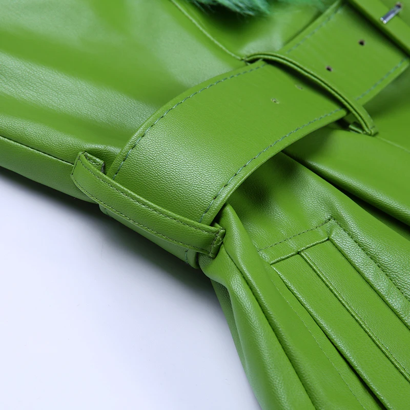 WannaThis Faux Leather Fur Coat Women With Belt Warm Thick Outwear PU Leather Streetwear Female Elegant Outwear Long Coat Green