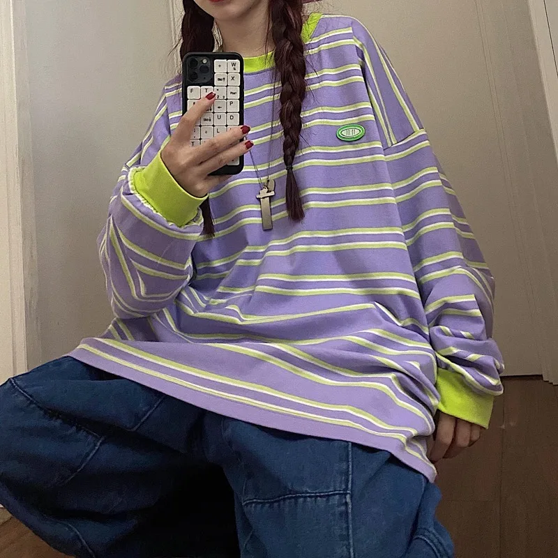 

KOSAHIKI Harajuku Sweatshirt Striped Loose Pullovers Women Japanese Kawaii Casual O Neck Tops 2021 Spring Vintage Hoodie 11a126